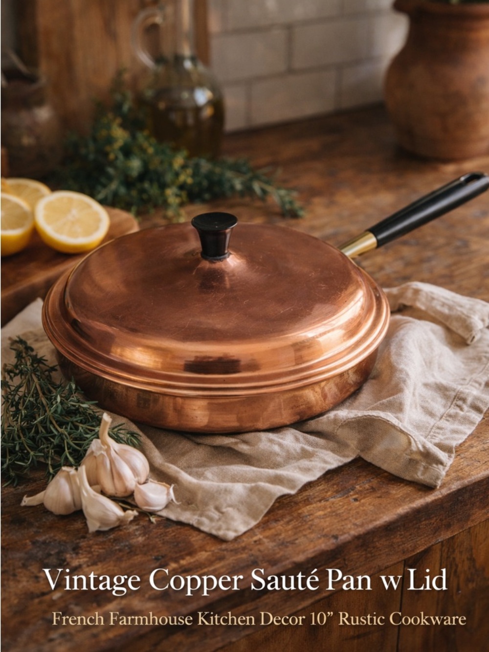 Vintage Copper Sauté Pan w Lid French Farmhouse Kitchen Decor‎ Rustic